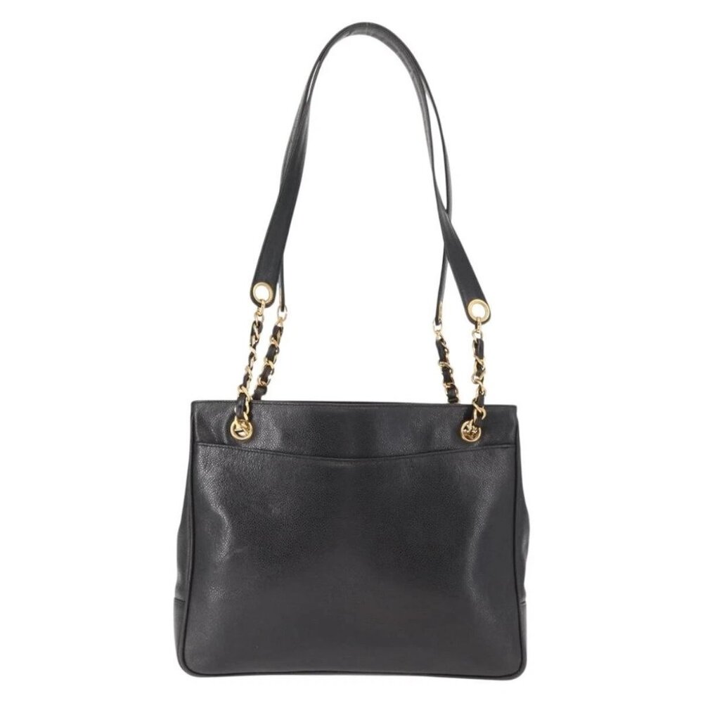 CHANEL Tote Bag Grained Calf Skin Black Gold CC Auth BA7490 - Picture 3 of 16